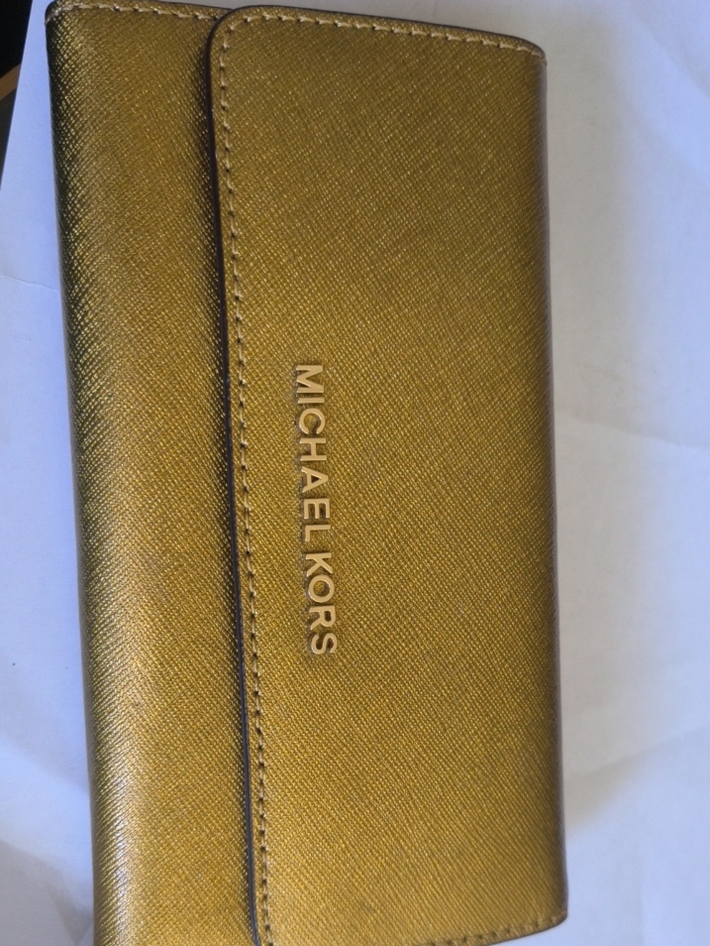 Authentic Michael Kors Metallic Gold Saffiano Wallet with Logo Plaque
